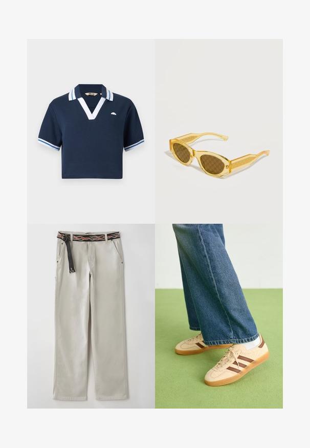 Navyblauw poloshirt met korte mouwen, witte en lichtblauwe gestreepte kraag en manchetten, diepe V-hals en een klein logo op de linkerborst.; Lichtgrijze wijde broek met een zwarte riem met oranje vlampatronen. Gemaakt van katoen, met zijzakken en een ontspannen silhouet.; Beige sneakers met gestructureerde crèmekleurige panelen en bruine strepen, gecombineerd met blauwe denim jeans. De jeans hebben een brede pijp en een rafelige zoom.; Gele doorschijnende cat-eye zonnebril met bruine glazen waarop een herhalend Gucci-logo patroon op een witte achtergrond te zien is.