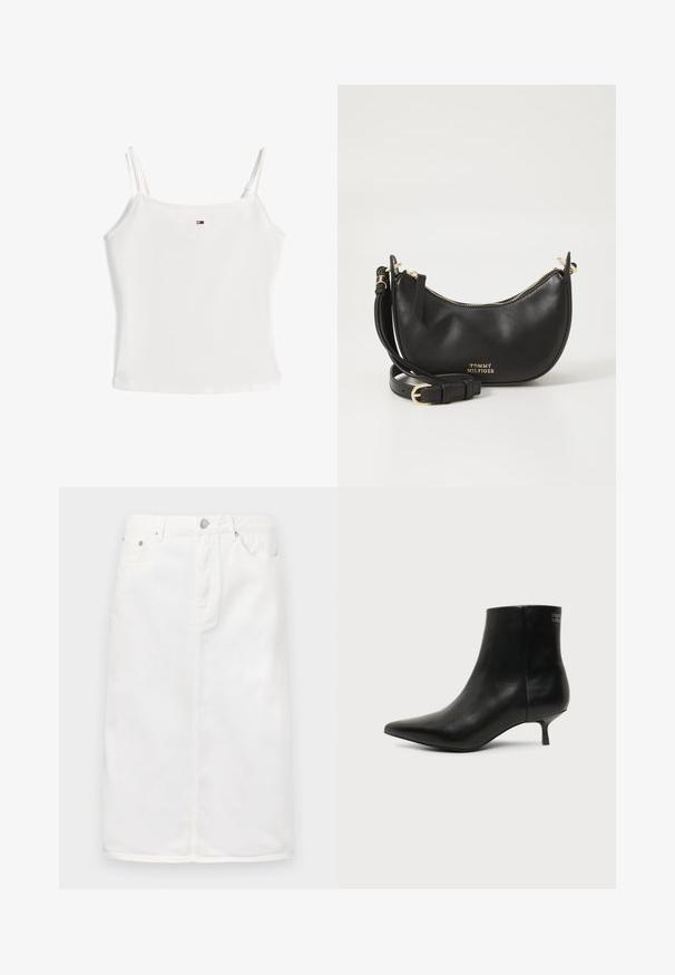 Camiseta sin mangas blanca lisa con tirantes finos y pequeño logo rectangular centrado cerca del escote.; Falda de mezclilla blanca con cremallera frontal, diseño de cinco bolsillos y silueta recta con acentos de costura.; Botín de piel negra con puntera puntiaguda y tacón bajo estilo kitten sobre fondo claro, mostrando vista lateral exterior.; Bolso de hombro de cuero negro con forma redondeada, cremallera dorada y detalle del logo en la parte frontal. Se incluye correa ajustable.