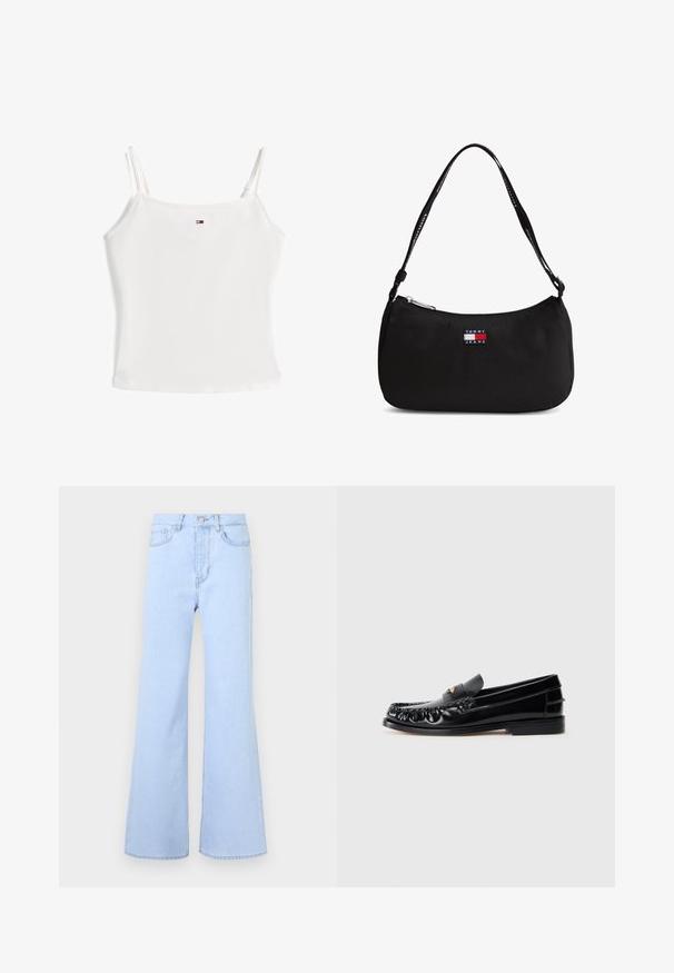 Débardeur blanc uni à fines bretelles avec petit logo rectangulaire centré près de l'encolure.; Jean évasé bleu clair taille haute, doté de cinq poches, d'une fermeture à bouton et d'une texture denim lisse. Les bords sont soigneusement cousus.; Mocassins en cuir noir avec un bout arrondi, des coutures décoratives et un petit accent doré sur le dessus. Semelle en caoutchouc plate, design épuré.; Petit sac d'épaule noir avec une fermeture éclair incurvée en haut et un patch logo "Tommy Jeans" à l'avant, doté d'une bandoulière noire avec du texte blanc.