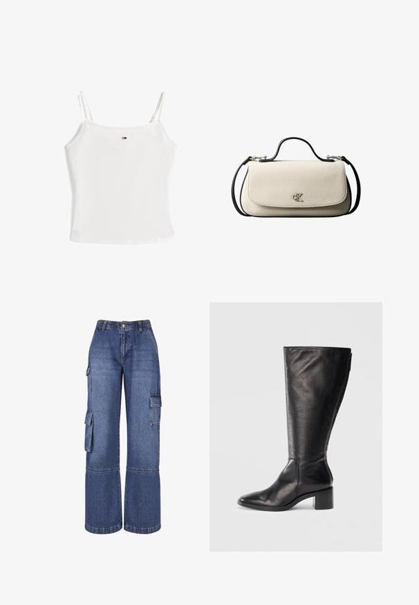 Débardeur blanc uni à fines bretelles avec petit logo rectangulaire centré près de l'encolure.; Pantalons cargo en denim à jambes larges de couleur bleu moyen, avec plusieurs poches latérales, une fermeture à boutons et des coutures contrastées le long des coutures.; Botte noire en cuir montante, avec un bout carré, un talon large et un design épuré. Texture lisse avec une fermeture éclair sur le côté pour un enfilage facile.; Sac à main rectangulaire crème avec bandoulière et poignée noires, fermeture à rabat à l'avant, et petit logo argenté « cK » au centre devant.