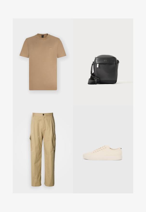 T-shirt marron clair à manches courtes et col rond avec petit logo blanc "BOSS" sur la poitrine gauche, présenté sur un fond uni clair.; Pantalon cargo beige en tissu résistant, avec une coupe décontractée, des poches latérales et une fermeture par bouton à la taille.; Baskets en toile beige avec bout arrondi, semelle en caoutchouc plate et lacets à l'avant. Présente un design minimaliste et un accent noir contrastant au niveau du talon.; Sac bandoulière en cuir noir texturé avec poche avant et sangle réglable, présenté sur un fond clair uni.