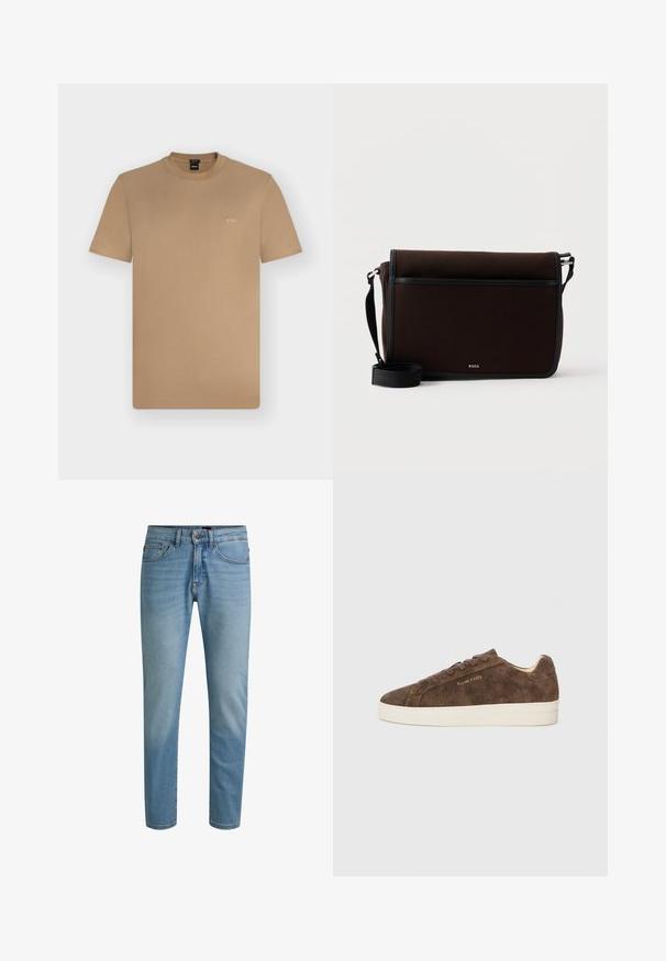 Kortærmet T-shirt med rund hals i tan med lille hvid "BOSS"-logo på venstre bryst, vist på en ensfarvet lys baggrund.; Lyseblå denimjeans med lige ben, design med fem lommer og let falmning. Har knaplukning og bæltestropper.; Brune ruskinds sneakers med lav profil, rund tå og hvid gummisål. Har mørke snørebånd og diskret branding på siden.; Mørkebrun stof messenger-taske med justerbar sort rem og lille sølvfarvet "BOSS"-logo på forklappen.