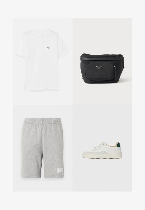 Witte katoenen t-shirt met korte mouwen en een ronde hals, met een klein zwart logo op de linkerborst. Glad textuur, eenvoudig ontwerp.; Grijze katoenen shorts met een elastische tailleband en een wit logo aan de onderzijde rechts. Zachte textuur, knielange pasvorm.; Witte sneaker met suède accenten, ronde neus, platte veters en een crème rubberen zool. Bevat groene branding op de hiel.; Zwarte heuptas met voorvak met rits en zilveren adelaarlogo, gladde stof met gestructureerde afwerking en ritstrekker.