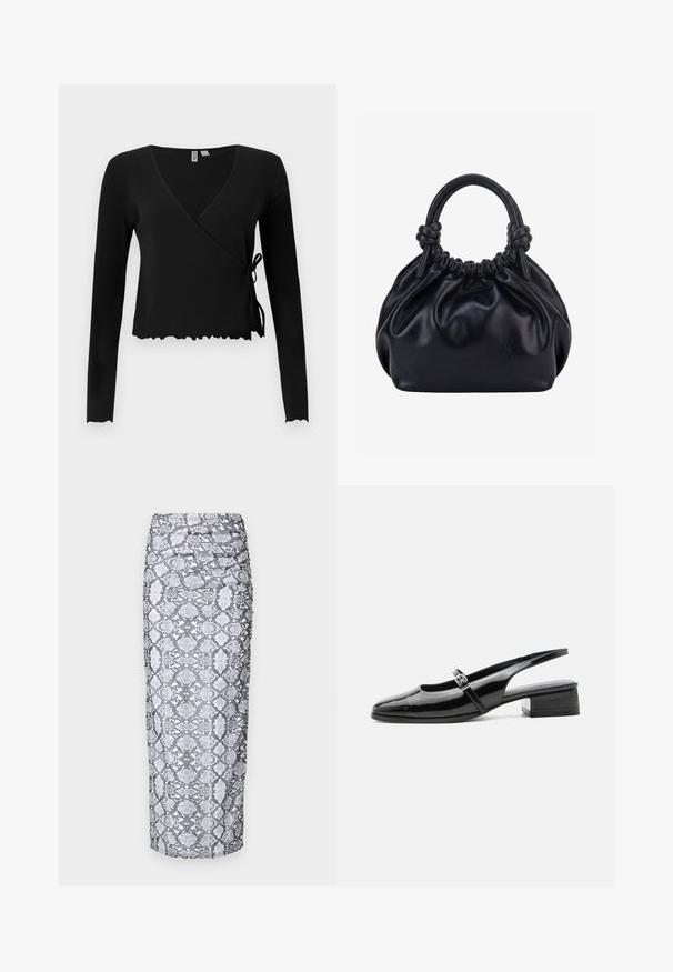 Kvinde iført sort slå-om-langærmet top, blå jeans og en mørkegrå baseballkasket med logo, stående foran en ensfarvet lys baggrund.; Python print midi nederdel i sort og hvid, med en tætsiddende silhuet og rynket tekstur langs siderne. Glat stoffinish.; Sort laklæderslingback-sko med lav blokhæl og tynd rem med sølvspænde over toppen.; Sort blød læderhåndtaske med samlet top og to tykke håndtag bundet i knuder mod en ensfarvet lys baggrund.