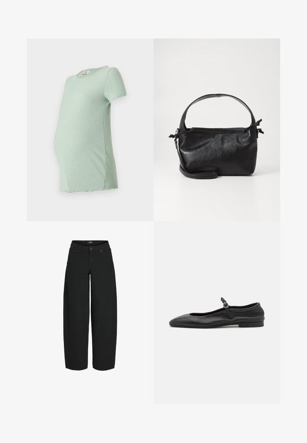 Mintgrønt ribbet graviditetst-shirt med korte ærmer, rund halsudskæring og buet kant, designet til komfort under graviditeten.; Sorte vidde-korte jeans med knap- og lynlåslukning foran, lommer foran og bagpå samt mærket bæltelabel.; Sorte læder balletflade med en rund tå, smal vamp og en lille ankelrem med en cirkulær spænde. Lav, flad sål.; Sort læderhåndtaske med et struktureret design, rund tophåndtag og aftagelig skulderrem. Den har en glat tekstur og en subtil glans.