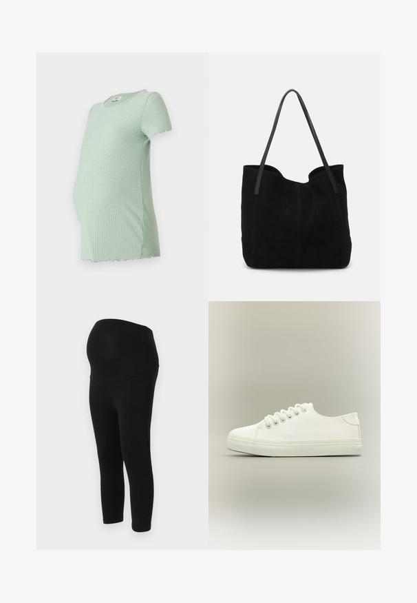 T-shirt de maternité vert menthe à côtes, à manches courtes, avec un col rond et un ourlet courbé, conçu pour le confort pendant la grossesse.; Leggings de maternité noirs avec une taille haute qui s'adapte à un ventre qui grossit. Fabriqués en tissu extensible et léger pour un confort optimal.; Baskets basses blanches avec lacets blancs et semelle en caoutchouc, vues de côté sur un fond neutre.; Sac fourre-tout en suède noir avec deux longues anses en cuir plates. Présente un bord supérieur incurvé et des coutures visibles sur le devant. Pas d'accents en métal.