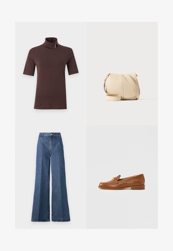 Braunes Kurzarm-Rollkragenshirt mit kleinem Umschlag und Perlenknopfdetail am Kragen.; Weite blaue Jeans mit hoher Taille, im klassischen Five-Pocket-Stil und mit Knopfverschluss, aus strukturierter Baumwollstoff gefertigt.; Brauner Lederloafer mit runder Kappe, dekorativem Riemen und kleinem Absatz. Glatte Textur, dezente Ziernähte und goldfarbene Metallakzente.; Beige strukturierte Leder-Umhängetasche mit Klappverschluss und verstellbarem Riemen mit kleinen perforierten Details.