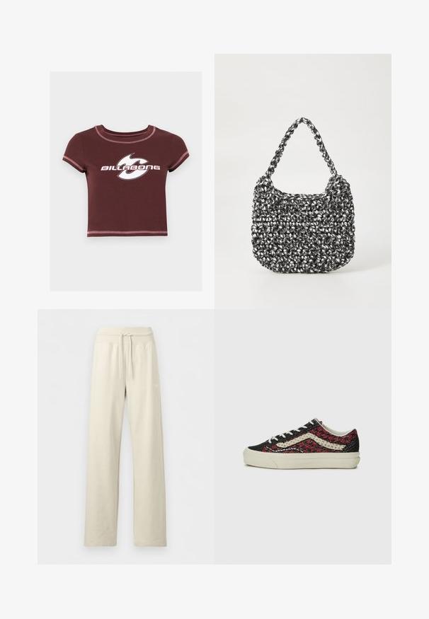 Mørkerød cropped t-shirt med lyserøde sømme og et hvidt grafisk logo med teksten "Billabong" på brystet.; Beige vidbenede joggingbukser med ribstrikket snor i taljen og diskret logo på højre lår, vist på en ensfarvet baggrund.; Vans OLD SKOOL 36 UNISEX - Sneakers - bordeaux; Vævet håndtaske i sort og hvid med en rund form, tekstureret overflade og et fletet håndtag. Velegnet til afslappet brug.
