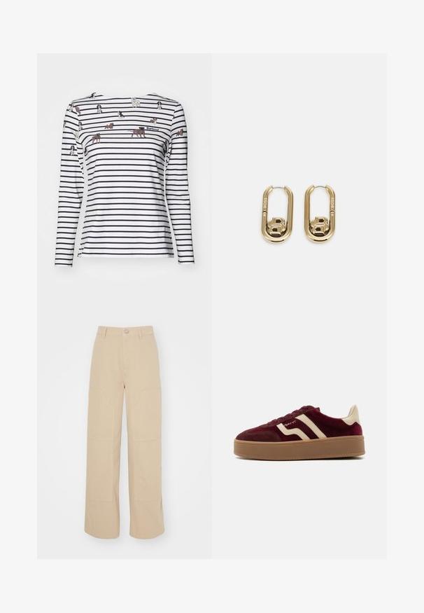 Barbour BRADLEY PRINT - T-shirt à manches longues - multi-coloured; Pantalons larges beiges en coton. Présente deux grandes poches avant et une fermeture à bouton en métal à la taille. Texture lisse.; Baskets en daim bordeaux avec des bandes latérales beiges, semelle épaisse en caoutchouc marron, languette beige au talon et lacets bordeaux, vue latérale.; BOSS DOUBLE B SWING - Boucles d'oreilles - gold-coloured