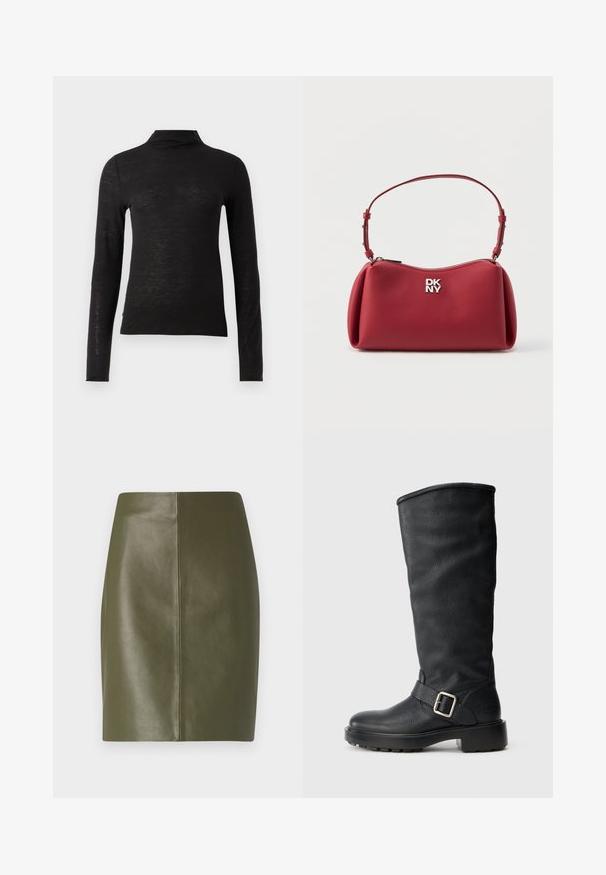 Mustika musta pikkade varrukatega kõrge kaelusega topp, valmistatud tekstuurilisest materjalist, millel on slim-fit ja minimalistlik disain, ilma nähtavate mustrite või riistvarata.; Olive rohe nahkmini seelik sileda tekstuuriga, millel on lihtne disain ja keskel õmblus, mis kulgeb selja peal.; Mustmustelged nahast põlvekõrgused saapad tekstuurse viimistlusega, laia varsiga ja vöödetailiga. Omab jämedat tallat, et tagada parem haarduvus.; Punane DKNY nahast õlakott hõbedase logoga, kaarekujulise ülemise lukuga ja reguleeritava rihmaga ühevärvilisel taustal.