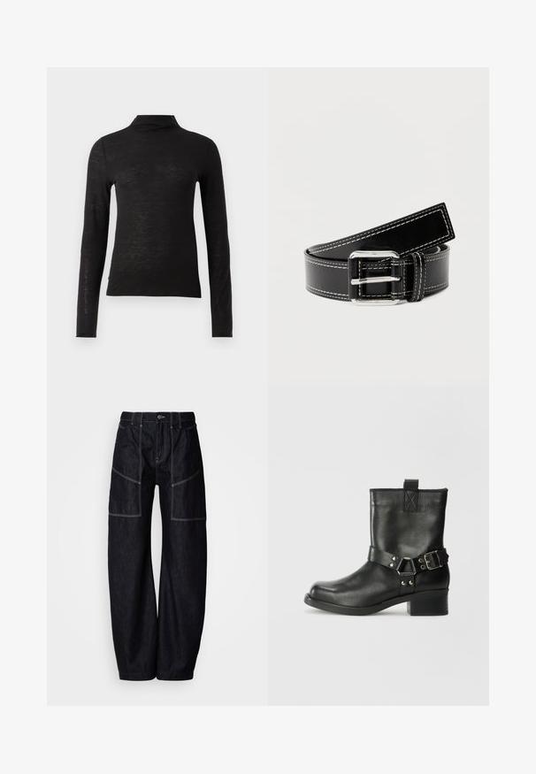 Zwarte lange mouwen turtleneck top gemaakt van een gestructureerd materiaal, met een slim fit en minimalistisch ontwerp zonder zichtbare patronen of hardware.; Donkere denim wijde broek met meerdere voorzakken, contrasterende stiksels en een knoopsluiting in de taille. Glad oppervlak en casual ontwerp.; Samsøe Samsøe SABRENTA - Cowboy-/Bikerlaarsjes - black; Zwarte leren riem met witte stiksels en zilverkleurige rechthoekige gesp, opgerold op een effen lichte achtergrond.