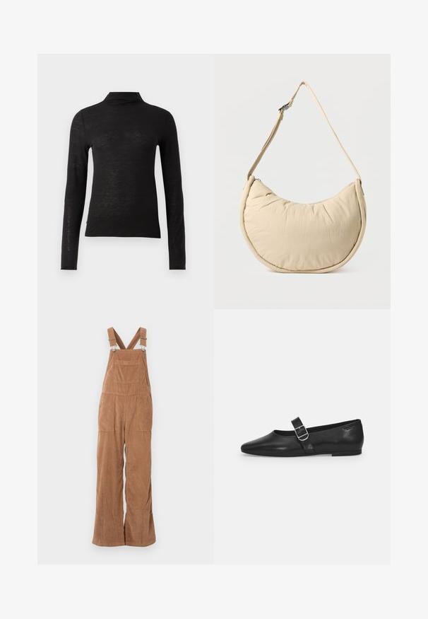 Sort langærmet turtleneck top lavet af et struktureret materiale, med en tætsiddende pasform og minimalistisk design uden synlige mønstre eller metaldele.; Brune kordfløjs overalls med brede ben, justerbare stropper og forlomme. Blød tekstur med lodret ribbet mønster.; Sorte læder flade sko med rund tå, et enkelt justerbart spænde og en glat, blank overflade. Minimalistisk design med en lav hæl.; Beige skuldertaske i halvmåneform med en blød, polstret overflade. Har justerbar rem og lynlås langs den øverste kant.