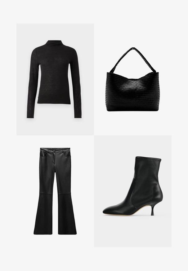 Čierny dlhý rukáv turtleneck top vyrobený z textúrovanej látky, charakterizovaný slim fit strihom a minimalistickým dizajnom bez viditeľných vzorov alebo kovových doplnkov.; Čierne falošné kožené nohavice s rozšírenými nohavicami, jemnou textúrou, vysokým pásom, prednými vreckami a zipsom. Obsahujú švy na nohách.; Čierna kožená členková čižma s ostrou špičkou a úzkym stredne vysokým podpätkom, zobrazená z profilu na svetlom pozadí.; Čierna tkaná kabelka s jediným pleteným uchom, obdĺžnikovým tvarom a lesklým textúrovaným povrchom.