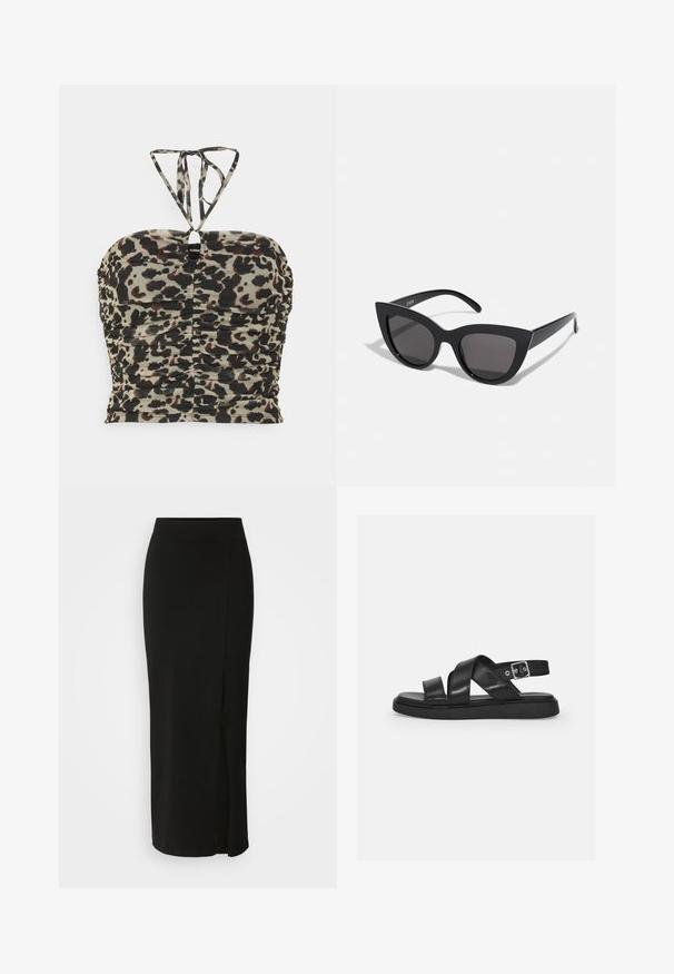 Even&Odd by Zalando Top - black/multi-coloured; Falda negra hasta la rodilla, hecha de un tejido suave y elástico. Cuenta con una cinturilla ajustada y una abertura lateral para mayor libertad de movimiento.; Sandalias de cuero negro con tiras cruzadas, hebilla ajustable en el tobillo, suela plana y diseño minimalista. Textura suave con acabado mate.; Gafas de sol negras en forma de ojo de gato con un acabado mate, que presentan lentes ahumados grises, ángulos pronunciados y brazos laterales elegantes. Nombre de la marca visible en el interior del brazo.