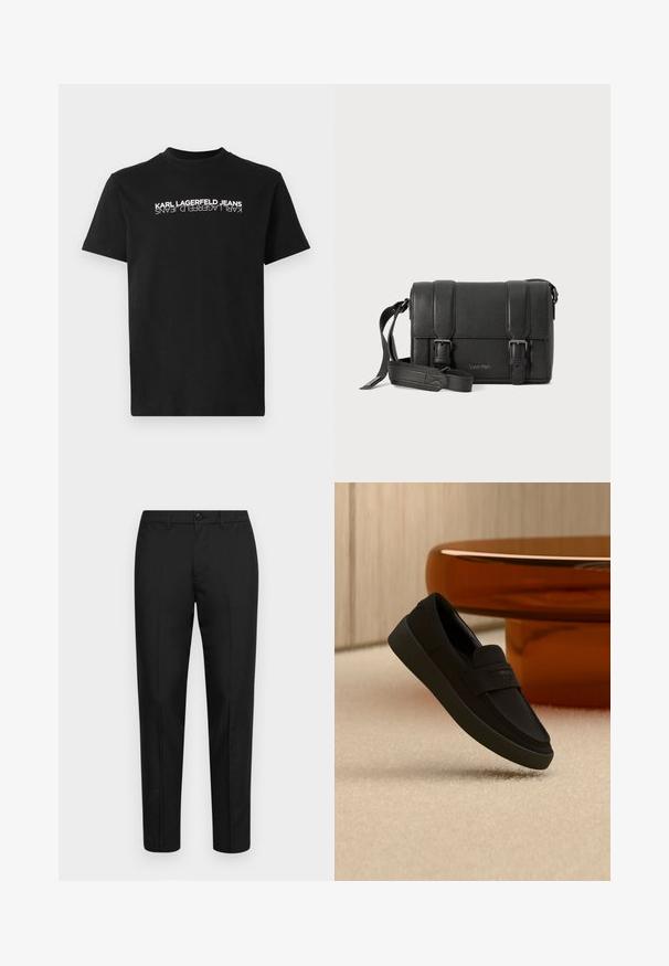 Schwarzes Baumwoll-T-Shirt mit rundem Halsausschnitt und kurzen Ärmeln. Auf der Vorderseite befindet sich umgekehrter weißer Text: "KARL LAGERFELD JEANS."; Schwarze Hose aus glattem Stoff mit schlankem Schnitt, ausgestattet mit einem Knopfverschluss, Gürtelschlaufen und gerade geschnittenen Beinen.; Schwarzer Slipper mit dicker Sohle, der über einem beigen Teppich schwebt, mit einem modernen braunen runden Tisch im Hintergrund.; Schwarze Leder-Crossbody-Tasche mit strukturierter Oberfläche, doppelten Schnallenverschlüssen und einem verstellbaren Tragegurt. Verfügt über ein geprägtes Logo auf der Vorderseite.
