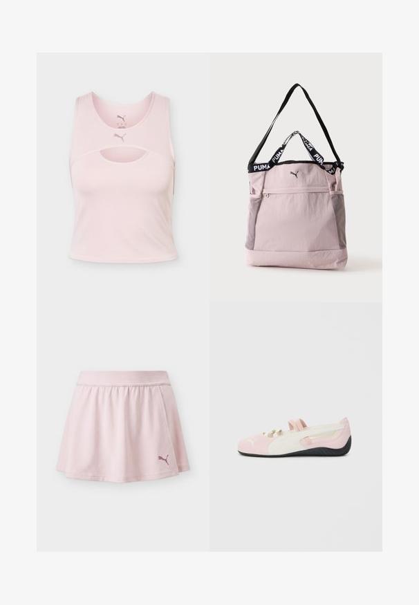 Crop top de sport sans manches rose clair avec encolure arrondie, détail découpé et logo Puma au centre devant et à l’intérieur du col.; Jupe de sport rose clair avec taille élastique et logo Puma en bas à droite, présentée sur un fond uni.; Chaussure slip-on rose en suede avec des accents blancs, semelle en caoutchouc et sangles élastiques. Présente un design texturé et un petit logo sur le devant.; Sac fourre-tout Puma rose clair avec bandoulière noire, poignées courtes avec logo Puma, poche avant zippée et poches latérales en mesh.