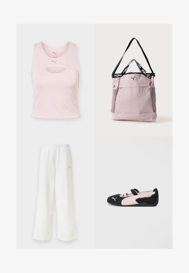Crop top de sport sans manches rose clair avec encolure arrondie, détail découpé et logo Puma au centre devant et à l’intérieur du col.; Pantalon de survêtement blanc à coupe ample avec une taille élastique et un logo discret sur le côté de la cuisse droite.; Ballerines en suède noir et rose clair avec des sangles élastiques, un bout arrondi et une semelle en caoutchouc texturée, arborant un petit logo à l'avant.; Sac fourre-tout Puma rose clair avec bandoulière noire, poignées courtes avec logo Puma, poche avant zippée et poches latérales en mesh.