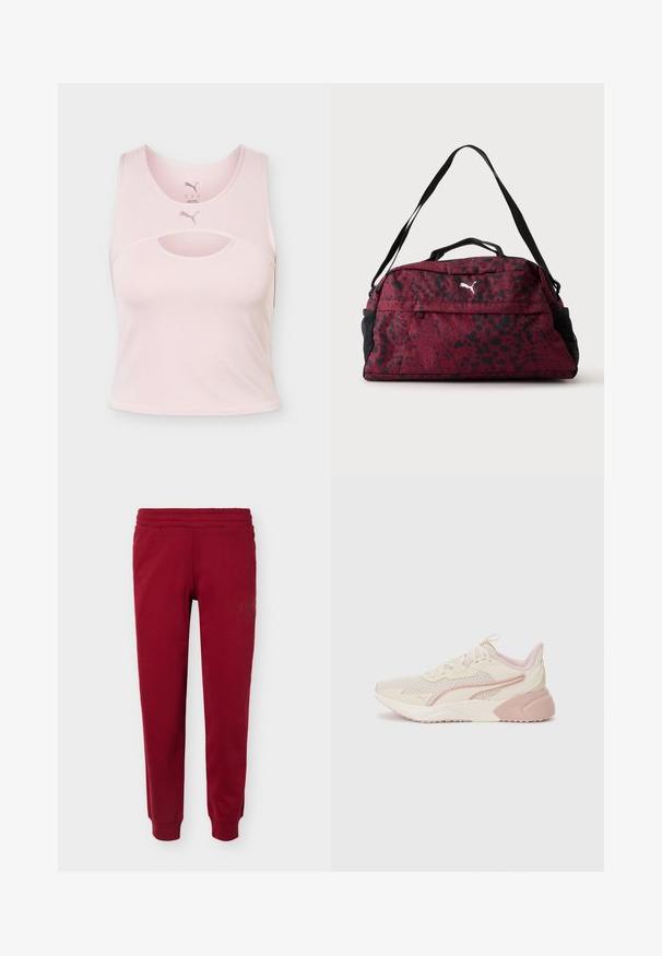 Crop top de sport sans manches rose clair avec encolure arrondie, détail découpé et logo Puma au centre devant et à l’intérieur du col.; Pantalon de jogging rouge avec taille élastique et chevilles resserrées, présentant une broderie discrète du logo sur la partie supérieure de la cuisse.; Baskets légères avec un design beige et rose pâle, tige en maille, semelle rembourrée et accents de logo discrets sur le côté.; Sac de sport rouge et noir à pois avec poche zippée à l'avant, poches latérales en mesh noir, double poignées et bandoulière réglable.