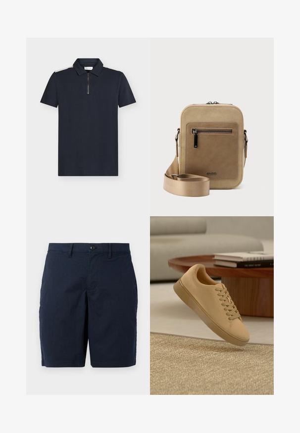 Marineblå polo med korte ærmer, struktureret stof, lynlåsdetalje ved kraven og kontrasterende hvide accenter på skuldrene.; Marineblå shorts lavet af letvægtsstof. Har en knaplukning, flad front og to sidelommer. Klassisk, lige pasform.; Beige snørestøvler, der svæver over et tekstureret tæppe med et træ sofabord og stablede bøger i en sløret baggrund.; Lille beige crossbody-taske med lynlåslomme foran, metal ALDO-logo, justerbar bred rem og rundet rektangulær form på hvid baggrund.