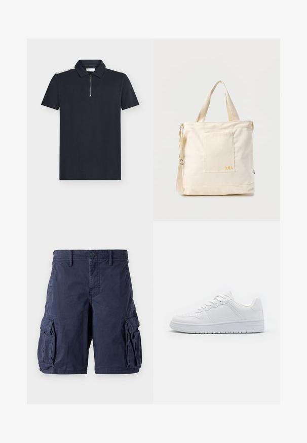 Marineblå polo med korte ærmer, struktureret stof, lynlåsdetalje ved kraven og kontrasterende hvide accenter på skuldrene.; Mørkeblå cargo shorts lavet af bomuld. Har flere sidelommer, knappelukning og en afslappet pasform. Glat tekstur og holdbart design.; Hvide sneakers lavet af glat syntetisk materiale, med flade snørebånd, perforeret tå og en gummisål med et tekstureret grebmønster.; Kremfarvet lærredstote-taske med frontlomme, to håndtag, justerbar skulderrem og lille gul "O.N.S" tekst i nederste højre hjørne af lommen.