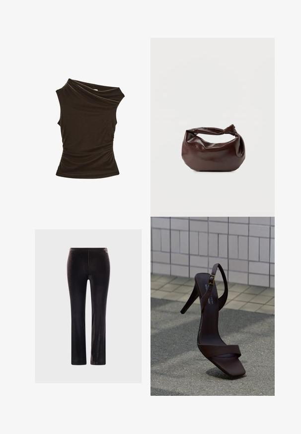 Top sin mangas de color marrón oscuro con escote drapeado y lados fruncidos, hecho de una tela suave y elástica. Sin herrajes ni patrones visibles.; Pantalones de terciopelo negro con un ajuste slim, que presentan una textura suave y un brillo sutil, sin herrajes ni patrones visibles.; Sandalia negra de tacón alto con tira en el tobillo y hebilla, situada sobre pavimento gris frente a una pared de azulejos.; Bolso de hombro de cuero marrón oscuro con una forma suave y caída, y un asa con nudo torcido sobre un fondo blanco liso.