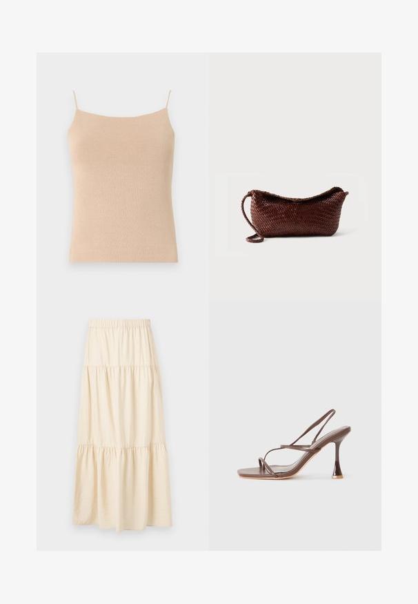 Beige strik camisole med tynde stropper, med en tætsiddende pasform og tekstureret stof, ideel til lag-på-lag styling eller afslappet brug.; Beige lagdelt nederdel med elastisk talje og tre rynkede sektioner, der skaber en flydende, løs pasform.; Brune stroppede højhælede sandaler med firkantet tå, slanke remme, en blank finish og en distinkt buet hæl.; Brun flettet lædertaske med en enkelt rem og buet top mod en ensfarvet hvid baggrund.