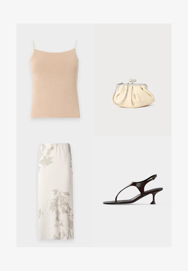 Camisole en tricot beige avec des bretelles fines, présentant une coupe ajustée et un tissu texturé, idéale pour le superposition ou un usage décontracté.; Jupe blanche avec un motif à rayures fines et des dessins floraux gris clair. Taille élastique pour un ajustement confortable.; Sandale slingback en cuir verni marron foncé avec petit talon et bride entre les orteils sur fond blanc.; Pochette en cuir beige plissé avec un cadre en métal argenté, dotée de deux fermoirs ronds décoratifs et d'une chaîne en argent.
