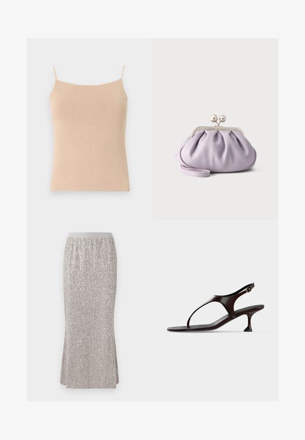Beige strik camisole med tynde stropper, med en tætsiddende pasform og tekstureret stof, ideel til lag-på-lag styling eller afslappet brug.; Knælang sølvfarvet nederdel med pailletten, der har en tætsiddende talje og vertikale shimmer-mønstre samt sideslids for nem bevægelse.; Mørkebrun laklædersandal med rem bagpå, lille hæl og tårem på hvid baggrund.; Blød lavendel clutch med opsamlet stof, sølv kiss-lock lås og matchende håndledsrem på en ensfarvet lys baggrund.