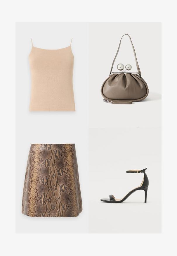 Camisole en tricot beige avec des bretelles fines, présentant une coupe ajustée et un tissu texturé, idéale pour le superposition ou un usage décontracté.; Jupe mini en simili cuir imprimé serpent marron, avec une texture lisse, une silhouette ajustée et de délicates coutures.; Sandale à talons hauts en cuir noir avec une lanière de cheville. Présente une texture lisse, un bout ouvert et un talon fin. Détail de boucle en ton doré.; Sac à main en cuir gris de forme arrondie, fermeture supérieure avec deux grandes sphères argentées, et une seule anse.