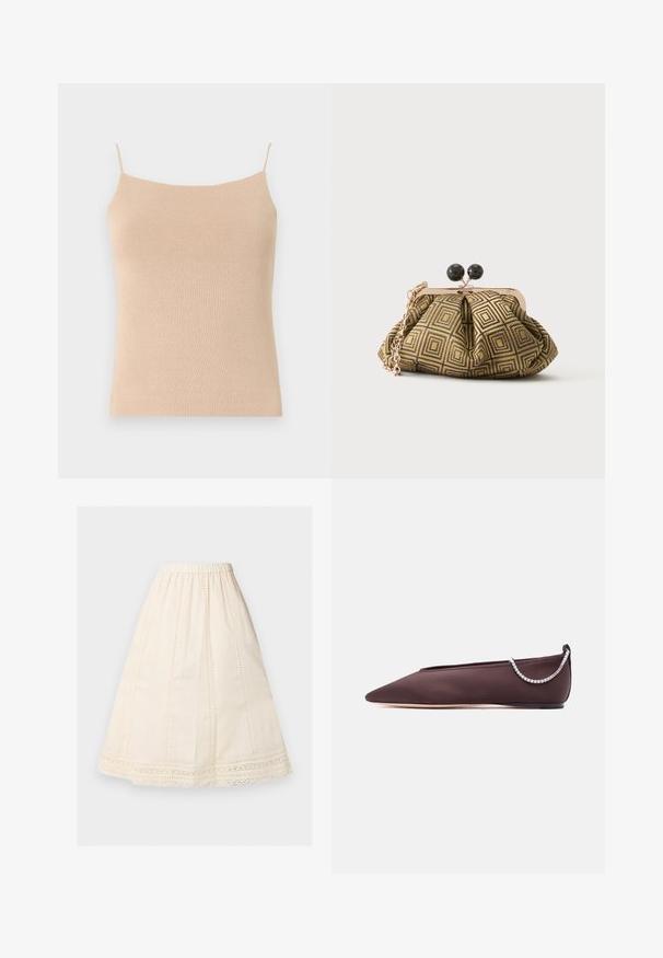 Beige knitted camisole with thin straps, featuring a fitted design and textured fabric, ideal for layering or casual wear.; Cream-colored midi skirt with A-line shape, elastic waistband, vertical eyelet stitch panels, and lace trim along the hem.; Dark brown pointed-toe flat shoe with a low heel and a silver rhinestone chain detail on the back.; Small clutch purse with gold and black geometric pattern, gold-tone metal frame, black ball clasp, and a short gold chain strap.