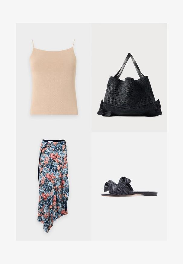 Beige strik camisole med tynde stropper, med en tætsiddende pasform og tekstureret stof, ideel til lag-på-lag styling eller afslappet brug.; Rabanne Pencil skirt - english tapestry/pink/blue/green; Sort flad slide-sandal med vævet fletrem, der krydser over toppen, og åben tå-design på en hvid baggrund.; Stor sort vævet taske med brede flade håndtag og åben top, sat mod en ensartet lys baggrund.
