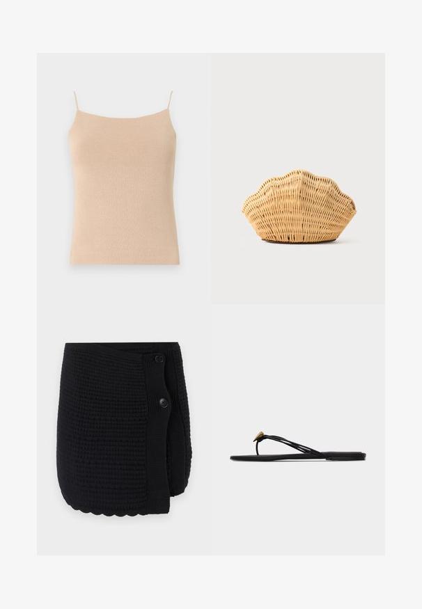 Camisole en tricot beige avec des bretelles fines, présentant une coupe ajustée et un tissu texturé, idéale pour le superposition ou un usage décontracté.; Châle tricoté noir présentant un motif texturé, un ourlet en scallop et deux gros boutons pour la fermeture. Matériel doux avec un design chaleureux.; Sandale plate noire en forme de tongs avec plusieurs fines lanières et une petite déco dorée en forme de larme sur la lanière avant.; Sac à main en rotin tissé en forme de coquille Saint-Jacques de couleur brun clair naturel avec des bords arrondis et texturés.