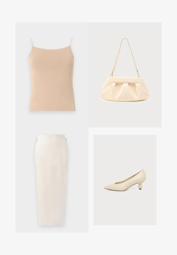 Camisole en tricot beige avec des bretelles fines, présentant une coupe ajustée et un tissu texturé, idéale pour le superposition ou un usage décontracté.; Jupe midi crème à la silhouette ajustée, confectionnée en tissu lisse, dotée d'une fermeture éclair cachée sur le côté et de détails de couture minimalistes.; Escarpin couleur crème à bout pointu avec un talon bas unique en forme de bulbe sur fond blanc uni.; Sac à main en cuir couleur crème avec des plis froncés, des ferrures dorées, et une seule bandoulière fine sur un fond uni.