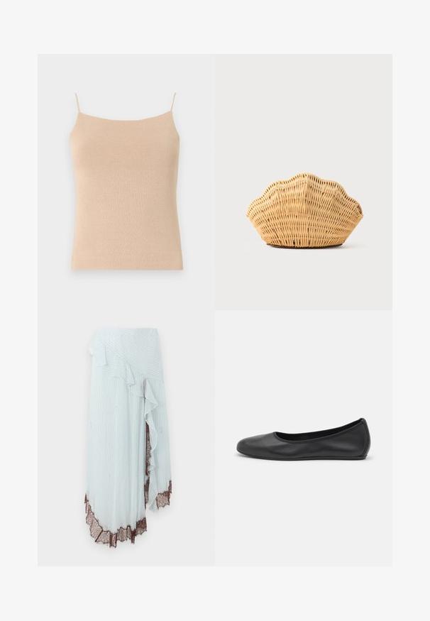 Camiseta de punto beis con tirantes finos, que presenta un diseño ceñido y una tela texturizada, ideal para superponer o para uso casual.; Falda envolvente de color azul claro con rayas blancas verticales, que presenta un borde con volantes y un intrincado borde de encaje marrón en el dobladillo.; Bailarina de piel negra con punta redondeada, textura suave, detalle de costura minimalista y diseño de suela flexible.; Bolso de mano de ratán tejido con forma de concha de vieira, de color marrón claro natural y bordes redondeados y texturizados.