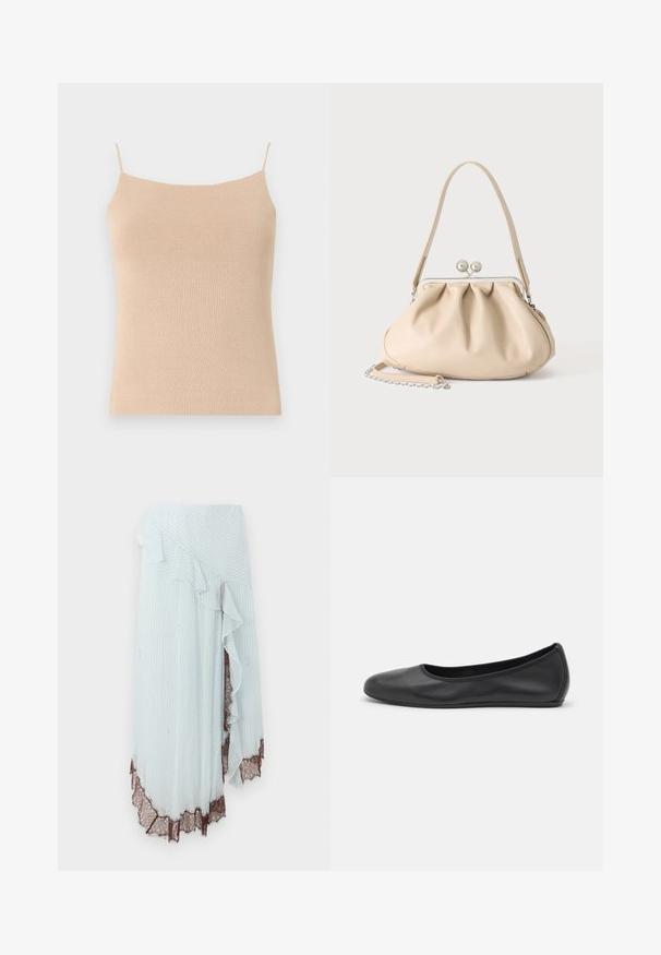 Beige strik camisole med tynde stropper, med en tætsiddende pasform og tekstureret stof, ideel til lag-på-lag styling eller afslappet brug.; Lyseblå omslagsskjørt med lodrette hvide striber, der har en flæsekant og detaljeret brun blondekant i bunden.; Sort læderballetsko med rund tå, glat tekstur, minimal syning og et fleksibelt såldesign.; Beige blød læderhåndtaske med en sølv metalramme-lukning, enkelt skulderstrop og en valgfri kæderem på en hvid baggrund.