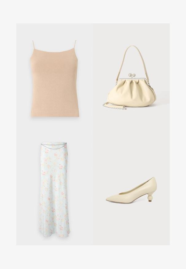 Beige pletená tielko s tenkými ramienkami, so priliehavým strihom a textúrovanou tkaninou, ideálne na vrstvenie alebo každodenné nosenie.; Rabanne Maxisukňa - pink/blue/green/yellow; Dámska topánka krémovej farby s ihličkovou špičkou a nízkym, guľatým guľovitým podpätkom na jednofarebnom pozadí.; Kremová mäkká kožená kabelka so zhrnutým dizajnom, striebornou rámovou sponou, krátkou rúčkou a odnímateľným reťazovým popruhom.