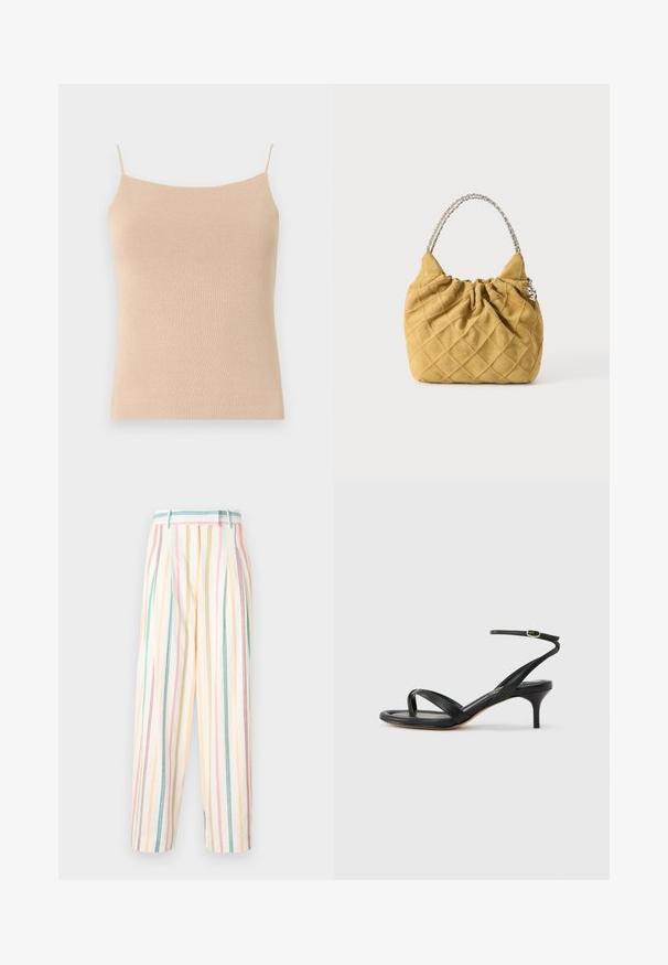 Beige strik camisole med tynde stropper, med en tætsiddende pasform og tekstureret stof, ideel til lag-på-lag styling eller afslappet brug.; Stribede brede bukser i bomuld, med pastelfarver som pink, gul, grøn og blå, med plisseringer og en afslappet pasform.; Sort damesandal i læder med tynde remme, en tå-loop, ankelspænde og en mellemhøj stiletthæl på en neutral baggrund.; Blød quiltet håndtaske i sennepsgul med sølvkædehåndtag og samlet topdetalje på en ensartet lys baggrund.