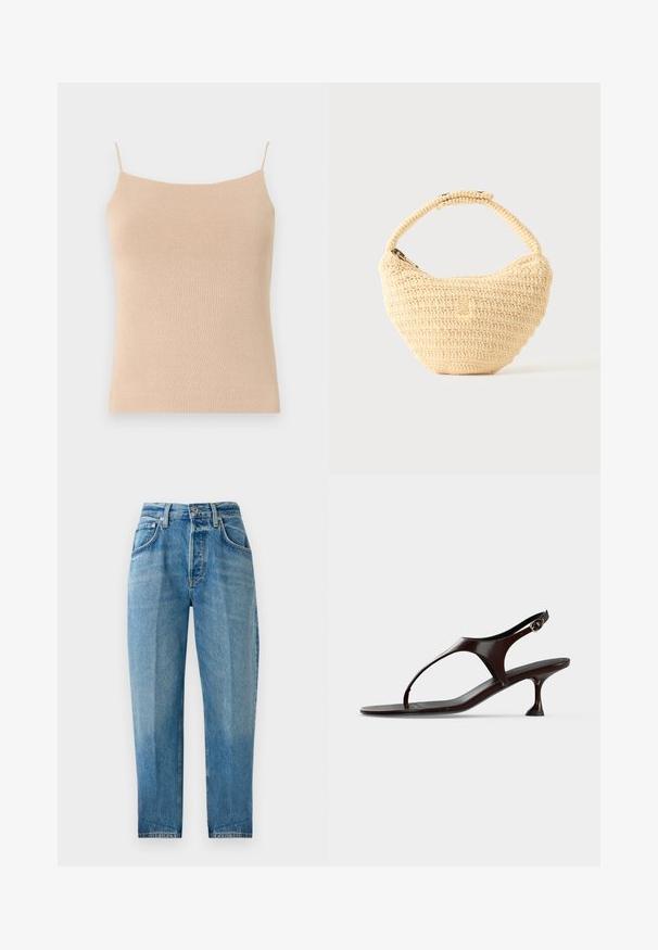 Beige gebreide top met dunne bandjes, met een aansluitend ontwerp en textuurstof, ideaal voor het dragen in lagen of casual gebruik.; Lichtblauwe denim jeans, rechte pasvorm, vijf zakken, vervaagde wassing, ritssluiting met knoopsluiting en zichtbaar stiksel.; Donkerbruine lakleren slingbacksandaal met kittenheel en teenbandje op witte achtergrond.; Beige geweven handtas met afgerond lichaam, ritssluiting en een korte, dikke band in een eenvoudige, gestructureerde haakstijl.