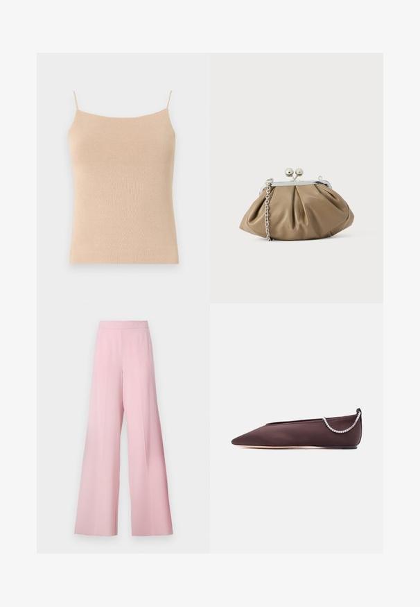 Camisole en tricot beige avec des bretelles fines, présentant une coupe ajustée et un tissu texturé, idéale pour le superposition ou un usage décontracté.; Pantalons larges en tissu rose clair, avec une texture lisse, une taille haute et sans motifs ni accents visibles.; Chaussure plate marron foncé à bout pointu avec un petit talon et un détail chaîne en strass argentée à l'arrière.; Pochette en cuir beige clair à la forme arrondie, texture plissée, fermeture à verrou argentée et bandoulière chaîne amovible.