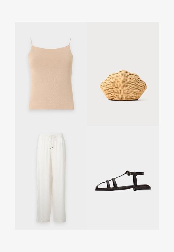 Beige strik camisole med tynde stropper, med en tætsiddende pasform og tekstureret stof, ideel til lag-på-lag styling eller afslappet brug.; Hvide, letvægtige, løse bukser med elastisk talje og snoretræk. Har en subtil glans og lige ben-design.; Mørkebrune flade sandaler med teksturerede stropper, ankelspænde og åben tå på en ensartet lys baggrund.; Vævet rattan håndtaske formet som en kammusling med naturlig lysebrun farve og afrundede, strukturerede kanter.