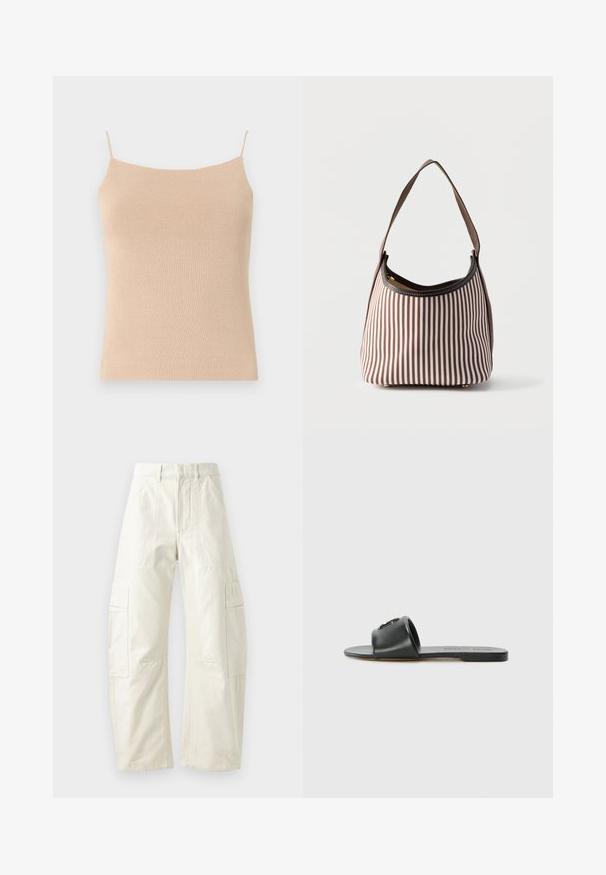 Beige strik camisole med tynde stropper, med en tætsiddende pasform og tekstureret stof, ideel til lag-på-lag styling eller afslappet brug.; Beige cargo bukser med løs pasform, der har flere klaplommer, lynlås og en struktureret overflade. Fremstillet af slidstærkt bomuldsstof.; MARC JACOBS THE SNAPSHOT SLIDE - Slip-on sandaler - black; Brun og hvid håndtaske med lodrette striber, med en enkelt skulderrem og en synlig lynlås ved den øverste åbning.