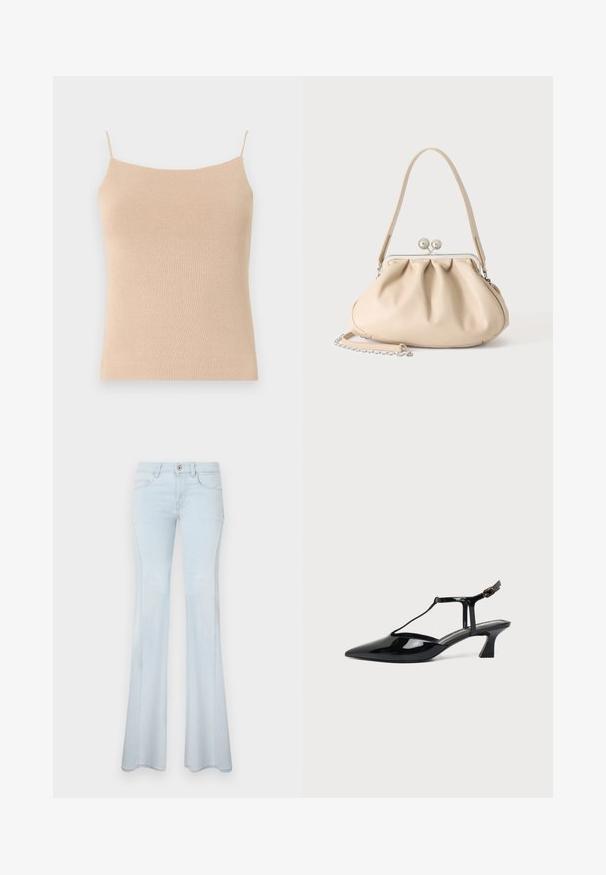 Camiseta de punto beis con tirantes finos, que presenta un diseño ceñido y una tela texturizada, ideal para superponer o para uso casual.; Jeans acampanados de color azul claro hechos de mezclilla. Incluyen cierre con botón, cinco bolsillos y costuras sutiles. Textura suave y piernas anchas.; Zapato slingback de cuero charol negro con punta fina, tira en T y tacón bajo en bloque inclinado sobre fondo blanco.; Bolso de mano de cuero suave beige con cierre de marco metálico plateado, una correa para el hombro y una correa de cadena opcional sobre un fondo blanco.