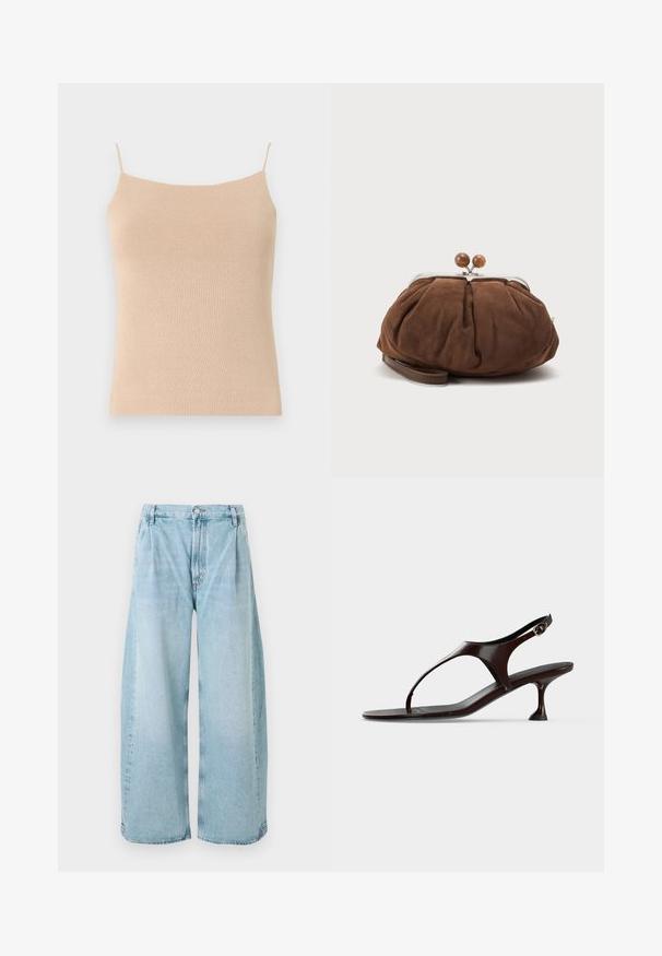 Beige strik camisole med tynde stropper, med en tætsiddende pasform og tekstureret stof, ideel til lag-på-lag styling eller afslappet brug.; Lysblå vide denimbukser med plisseringer foran, en knaplukning og lige afslutninger, med en falmet tekstur hele vejen igennem.; Mørkebrun laklædersandal med rem bagpå, lille hæl og tårem på hvid baggrund.; Blød brun ruskindshåndtaske med sølvmetal ramme og runde brune låsekugler på en ensfarvet lys baggrund.