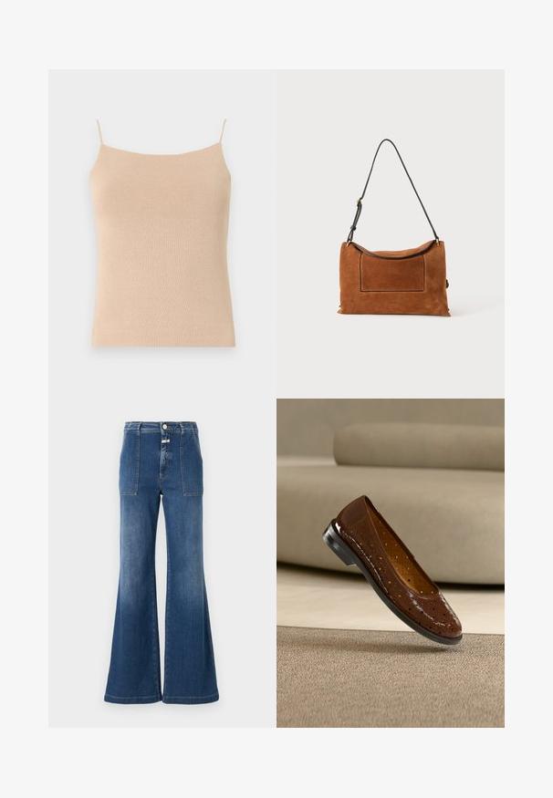Camiseta de punto beis con tirantes finos, que presenta un diseño ceñido y una tela texturizada, ideal para superponer o para uso casual.; Jeans acampanados de tiro alto en denim azul medio con un acabado desgastado. Cuenta con bolsillos de parche y cierre de botón. Dobladillo limpio.; Bailarina de charol marrón con diseño perforado, puntera redondeada y tacón bajo de goma negra. Textura suave con brillo intenso.; Bolso de hombro marrón de ante con una larga correa negra ajustable y un detalle de bolsillo frontal rectangular sobre un fondo liso.