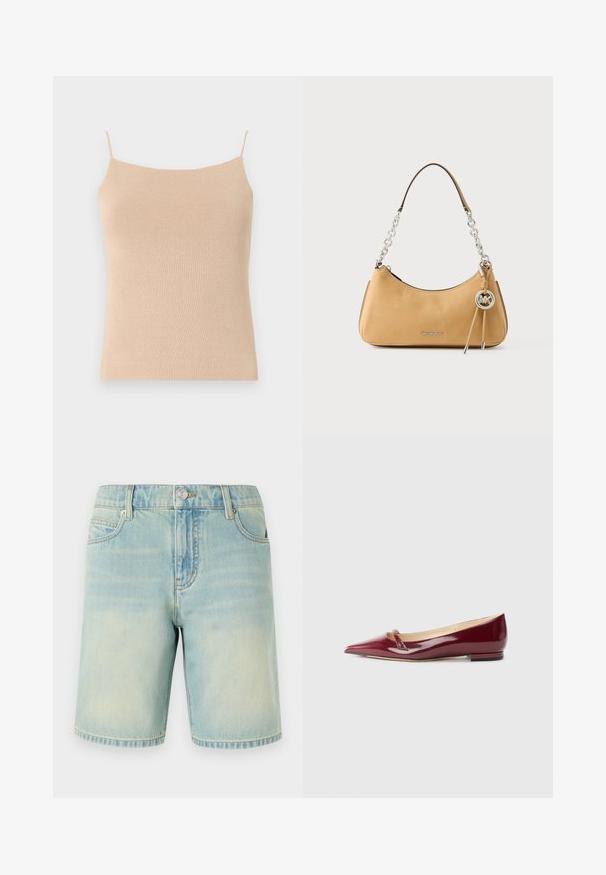 Beige gestricktes Cami mit dünnen Trägern, das ein tailliertes Design und einen strukturierten Stoff aufweist, ideal zum Layering oder für legere Outfits.; Hellblaue Denim-Shorts mit einem verblassten Finish, ausgestattet mit einem Fünf-Taschen-Design, sichtbaren Nähten und einem Metallknopfverschluss am Bund.; Burgunderfarbene Lacklederballerinas mit spitzem Zehenbereich, ausgestattet mit einem kleinen Ausschnitt und einem niedrigen Absatz. Glatte Textur und elegantes Design.; Tasche von Michael Kors aus cognacfarbenem Leder mit silberner Kettenhenkel, Logo-Anhänger und der Aufschrift "MICHAEL KORS" vorne.