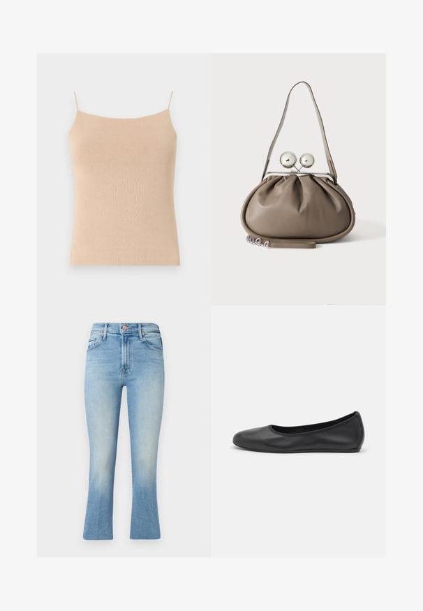 Beige strik camisole med tynde stropper, med en tætsiddende pasform og tekstureret stof, ideel til lag-på-lag styling eller afslappet brug.; Lyseblå jeans med høj talje, flared ben-design og subtil falmning. Har klassiske lommer og metalknaplukning.; Sort læderballetsko med rund tå, glat tekstur, minimal syning og et fleksibelt såldesign.; Grå læderhåndtaske med rundet form, toplås med to store sølvkugler og en enkelt strop.