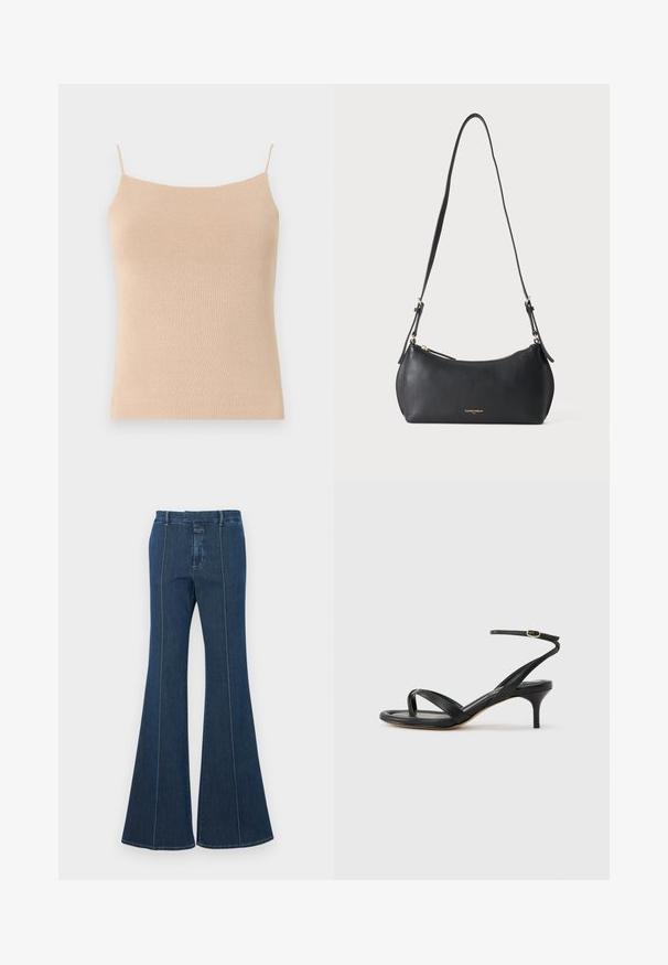 Beige gestricktes Cami mit dünnen Trägern, das ein tailliertes Design und einen strukturierten Stoff aufweist, ideal zum Layering oder für legere Outfits.; Dunkelblaue, ausgestellte Denim-Hosen mit strukturierten Nähten und einem sauberen Finish. Verfügt über einen mittelhohen Bund und weite, fließende Beine.; Schwarze Ledersandale für Damen mit dünnen Riemchen, einer Zehenlasche, einer Knöchelschnalle und einem mittelhohen Stöckelabsatz vor neutralem Hintergrund.; Kleine schwarze Lederschultertasche mit verstellbarem Riemen und goldenem Reißverschluss, mit dezentem goldenem Markenschriftzug vorne.