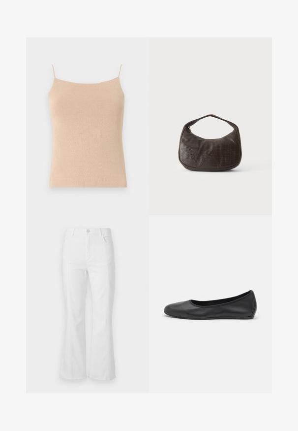 Beige gestricktes Cami mit dünnen Trägern, das ein tailliertes Design und einen strukturierten Stoff aufweist, ideal zum Layering oder für legere Outfits.; Weiße, ausgestellt geschnittene Jeans mit hoher Taille, Fronttaschen und rohem Saum. Hergestellt aus Denim mit glatter Textur und minimalen Nähdetails.; Schwarze Leder-Ballettschuhe mit abgerundeter Spitze, glatter Textur, minimalen Nähdetails und einem flexiblen Sohlen-Design.; Kleine dunkelbraune strukturierte Handtasche mit kurzem Trageriemen und abgerundetem Boden auf schlichtem hellem Hintergrund.