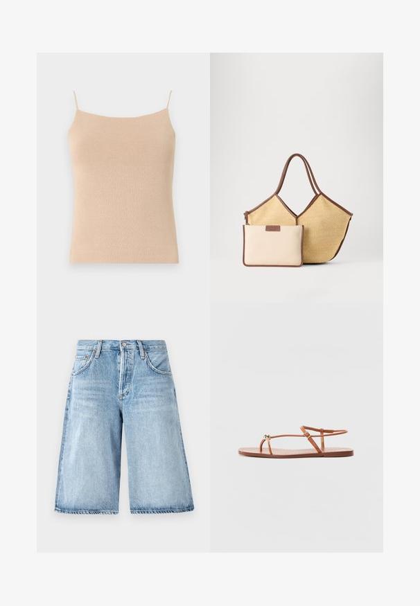 Beige gebreide top met dunne bandjes, met een aansluitend ontwerp en textuurstof, ideaal voor het dragen in lagen of casual gebruik.; Lichtblauwe denim shorts met een losse pasvorm, featuring een hoge taille, vijf-pocket ontwerp en subtiele vervaging op de stof.; Loeffler Randall LARA STRAPPY - Teensandalen - timber; Beige geweven draagtasje met bruine biezen en handvatten, vergezeld van een kleinere beige pouch met bruine randen en een ritssluiting.