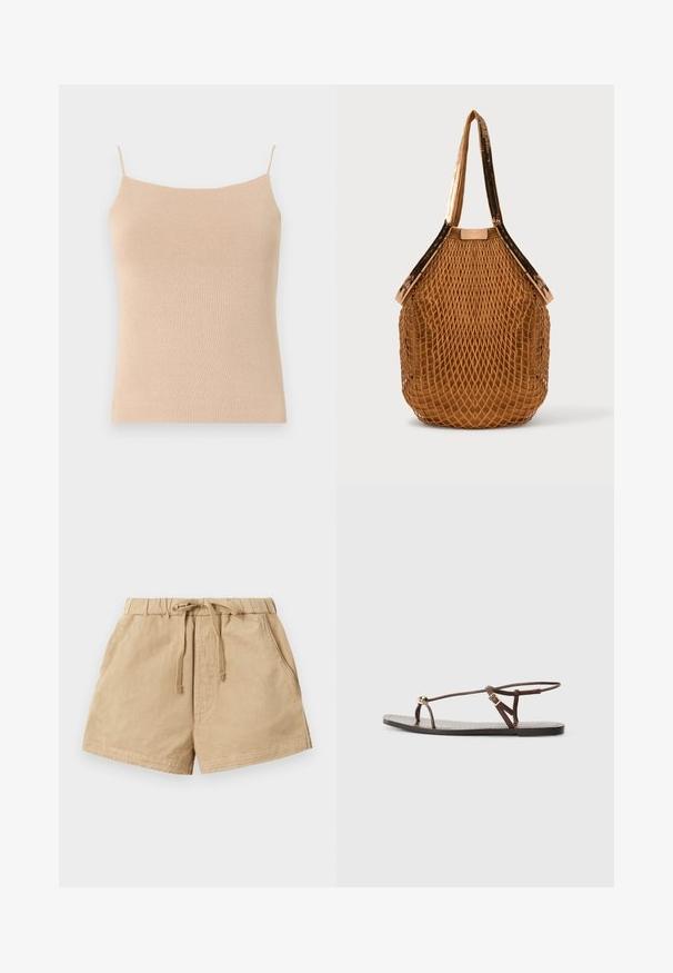 Beige gebreide top met dunne bandjes, met een aansluitend ontwerp en textuurstof, ideaal voor het dragen in lagen of casual gebruik.; Khaki shorts gemaakt van zachte stof, met een elastische tailleband met trekkoord, twee zijzakken en een relaxte pasvorm.; Bruine leren sandaal met dunne banden, een gouden cirkelaccent en een platte zool. Minimalistisch ontwerp met een verstelbare gesp.; Bruine netten draagtas met vaste stoffen bodem en met pailletten versierde schouderbanden, rechtopstaand tegen een effen achtergrond.